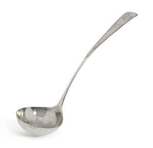 An Irish George III silver soup ladle, Dublin c.1764, Francis Jones (probably) with bright cut border, engraved initials WC below horse salient crest, 39.5cm, 