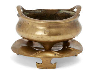 
	
		A Chinese polished bronze bombe censer and associated stand, late 19th/early 20th century