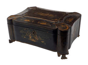 
	
		A Chinese Canton black lacquer sewing box, late 19th century, gilt painted to the...