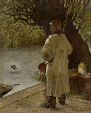 
	
		Davidson Knowles, RBA, 
		British fl.1878-1909- 
		The Fisherman's Friend; 
		oil on...