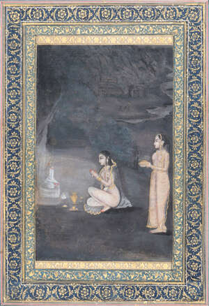 
	
		A Mughal night scene with lady and attendant at a Siva lingam shrine, double-sided leaf...