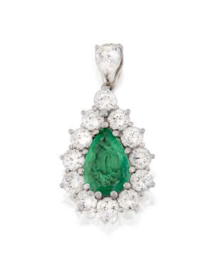 
	
		An emerald and diamond cluster pendant, the central claw-set pear-cut emerald with...