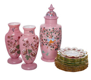 
	
		A pair of Victorian pink glass vases, decorated in enamel colours with birds in flowers,...