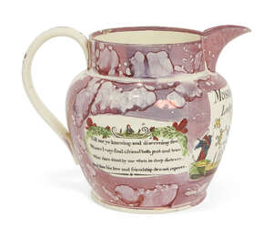 
	
		A large Sunderland lustreware Masonic jug, early 19th century, designed with printed and...