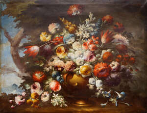 
	
		Northern European School, mid/late 20th century- Still life with flowers and a vase in a...