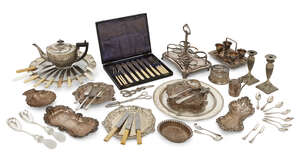
	
		A quantity of silver plate including: a serving plate with cut glass insert and reeded...