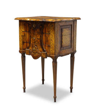 
	
		A Continental walnut, oak, tulipwood and marquetry commode, probably Viennese, late 18th...