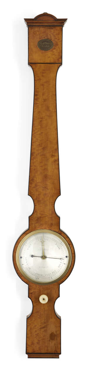 
	
		A George III satinwood wheel barometer, by Thomas Blunt, London, c.1790, the demi-lune...