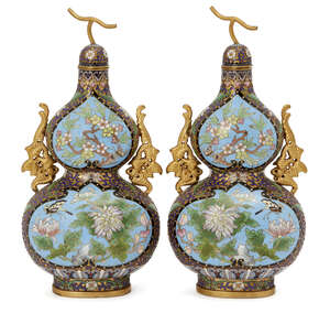 
	
		A pair of Chinese cloisonné double-gourd vases with covers, late 19th century, with...