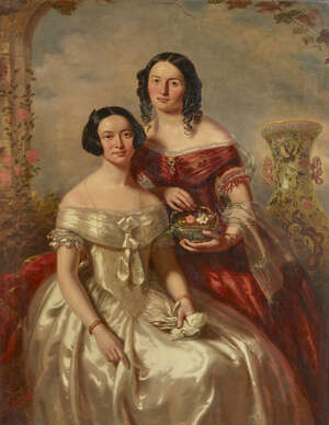 
	
		French School, 
		mid 19th century- 
		 
		Portrait of two ladies, possibly...