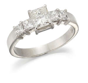 
	
		A diamond ring, centring on a princess-cut diamond to similarly set diamond shoulders,...