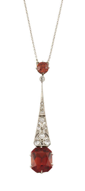 
	
		An early 20th century platinum, citrine and diamond pendant necklace, by Liberty  the...
