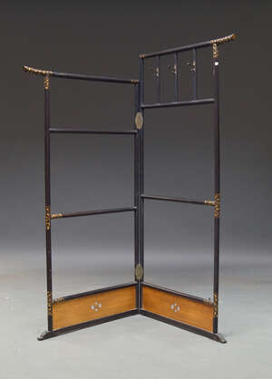 
	
		A Japanese black lacquer and gilt decorated folding kimono stand, 160cm x 160cm

	

