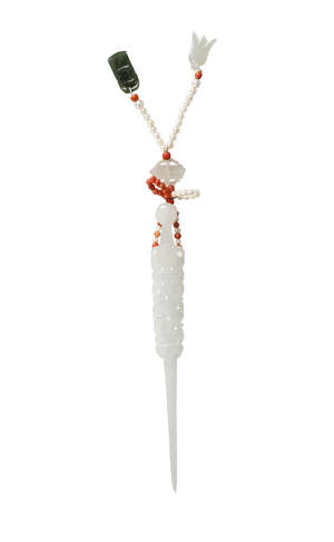 
	
		A Chinese white jade hair pin, 18th/19th century, carved with a bat and blossoming...