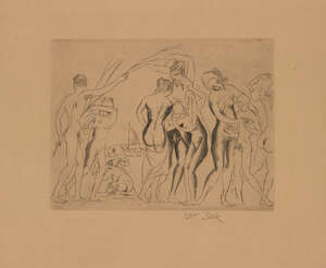 
	
		Aleksei Ilyich Kravchenko, 
		Russian 1889-1940- 
		
		Men in a port, 1916; 
		dry point...