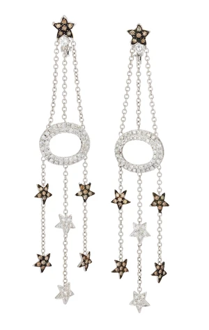 A pair of diamond set drop earrings, designed as a two row diamond set oval openwork panel,...