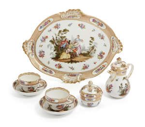 
	
		A Meissen porcelain part cabaret set, early 20th century, decorated with domestic scenes...