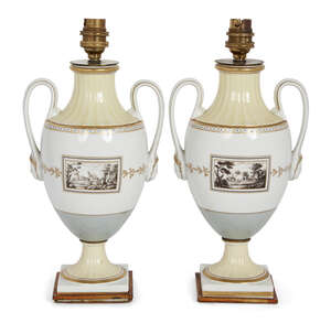 
	
		A pair of Ginori twin-handled baluster urn vases, late 19th Century, each with two...