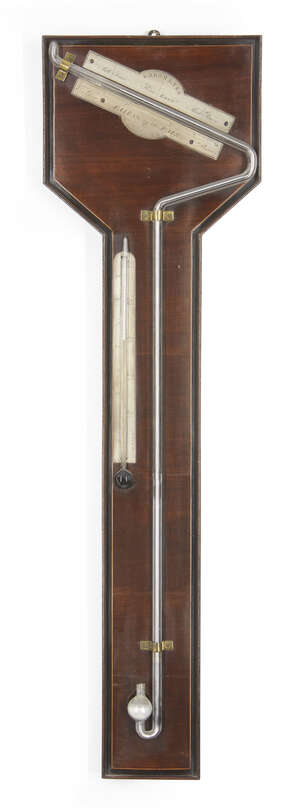
	
		A George III mahogany angle barometer, by Balthasar Knie, Edinburgh, c.1780, the shaped...