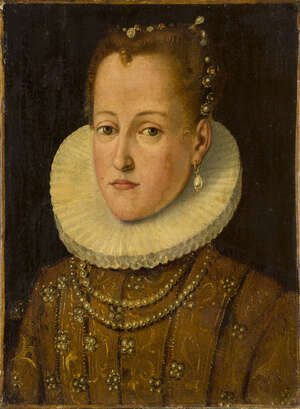 Manner of Lavinia Fontana, 
		late 17th century- 
		 
		Portrait of a lady, quarter-length, turned to the left wearing a ruff and pearl earring; 
		 
		