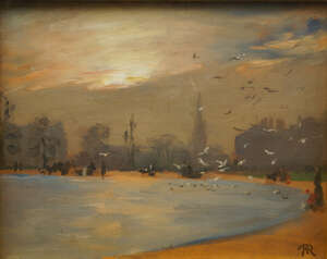 Thomas Martine Ronaldson, 
		Scottish 1881-1942- 
		 
		The Round Pond with Kensington Palace beyond; 
		 
		oil on panel, signed with monogram, 18.7x24