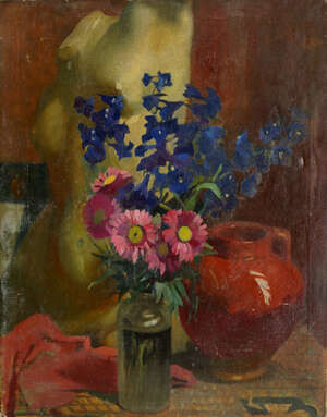 RTO Harry Bush,
		British 1883-1957-
		 
		Floral still life with a terracotta jug, c. 1923;
		 
		oil on canvas, signed and dated faintly, 61x51cm, unf
