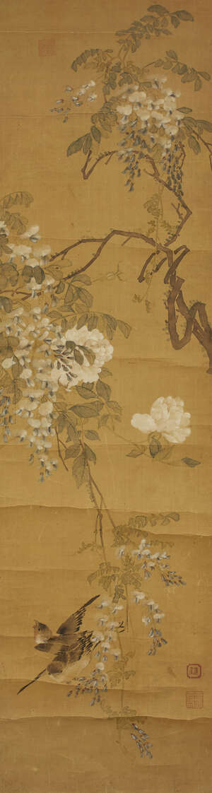 
	
		19th century Chinese school, ink and colour on silk, hanging scroll, painted with two...