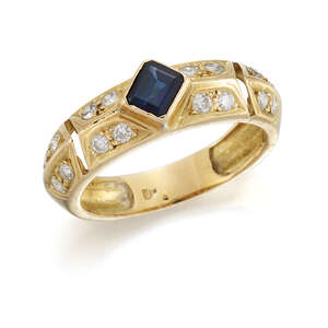 A sapphire and diamond half-hoop ring, the central cut-cornered rectangular sapphire set at an angle between brilliant-cut diamond eight stone shoulders, ring 