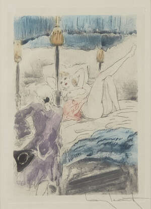 
	
		Louis Icart, 
		French 1888-1950- 
		 
		Under the Canopy, 1946; 
		 
		etching in...