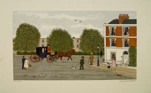 
	
		Vincent Haddelsey, 
		British 1934-2010- 
		Town square with a horse and carriage;
		
