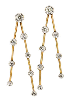 
	
		A pair of diamond drop earrings, of articulated knife-edge double graduated bar design,...