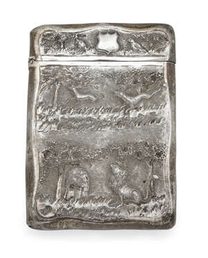 
	
		A white metal calling card case, repousse decorated with hunting scenes set amid rich...