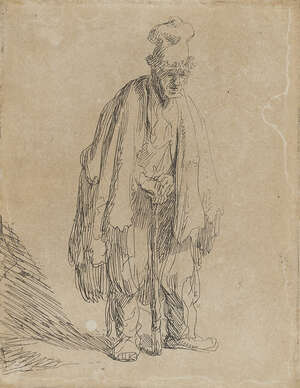 
	
		Rembrandt Harmensz. van Rijn, 
		Dutch 1606-1669- 
		A beggar in a high cap, standing...