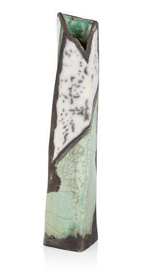 
	
		Elizabeth Raeburn (b.1942), 
		 
		'Rocky pot' Slab built vase, circa 2000, 
		Raku...
