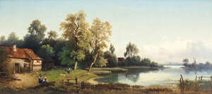 
	
		Julius Bayer, 
		Austrian 1840-1883- 
		 
		River landscape with a farm house and...