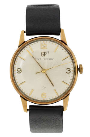 
	
		A 9ct gold wristwatch by Girard-Perregaux, the silvered circular dial with applied gilt...