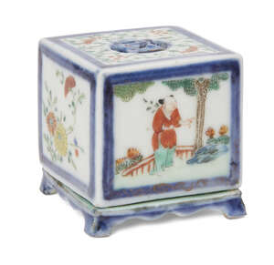 
	
		A Chinese porcelain square cricket box, Jiaqing period, painted in underglaze blue and...