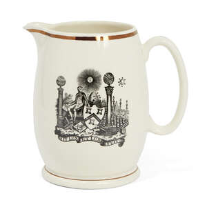 
	
		A Gray's Pottery Masonic jug, c. 1945 - 50, designed with printed Masonic emblems,...