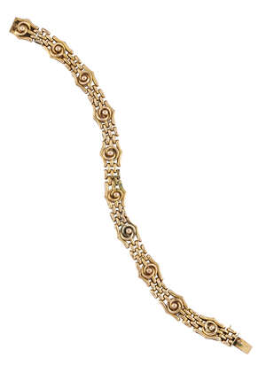 An early 20th century gold bracelet, of fancy gate link design with brick link spacers, clasp with inscription, 15TH JANy 1907, length 19.0cm
