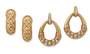 
	
		Cartier, two pairs of diamond set earrings, by Cartier, of scroll and creole design, each...