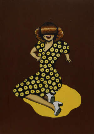 
	
		Dawn Mellor, 
		British b.1970-
		 
		Joan in Yellow Spot, 1997; 
		 
		oil on board,...