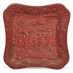 
	
		A Chinese red lacquer square dish, 19th century, carved with a scholar and attendants in...