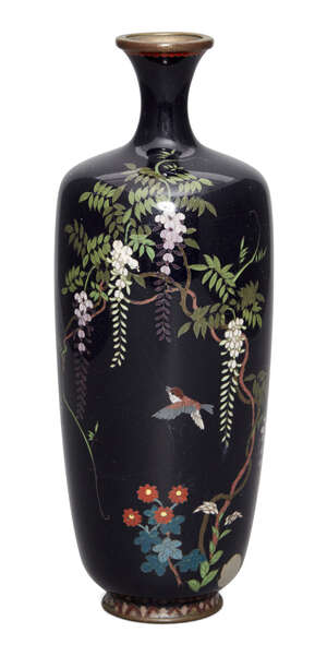 
	
		A Japanese cloisonné enamel vase, Meiji period, finely decorated with sparrow beneath...