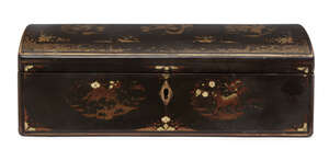 
	
		A Chinese lacquered sandalwood domed box, early 20th century, decorated to the cover with...