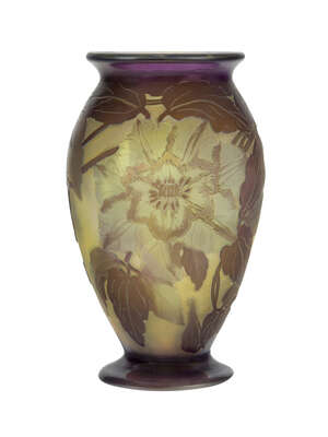 
	
		Gallé, a cameo glass vase with clematis
		c.1910, signed in cameo Gallé
		The yellow...