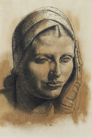 
	
		Reginald Brill,
		British 1902-1974-
		 
		Portrait of a woman wearing a cap;
		 
		