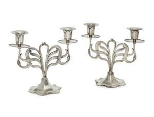 
	
		Orivit, a pair of German Art Nouveau polished pewter twin-branch candelabra
		Early 20th...