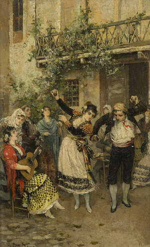 
	
		Gabriel Puig Roda, 
		Spanish 1865-1919- 
		 
		Dancers in Barcelona, 1896; 
		 
		oil...