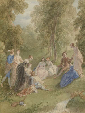 John Massey Wright, 
		British 1777-1866- 
		 
		Fete Champetre, design for Boccaccio; 
		 
		watercolour, 23.5x17cm
		 
		Provenance: the private co