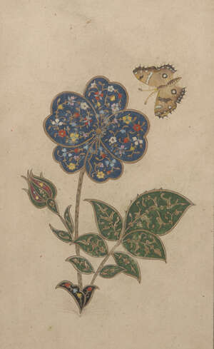 A Safavid-style painting of flowers and a butterfly, Iran, 19th century, opaque pigments on paper, the single flower with five petals decorated with delicate f